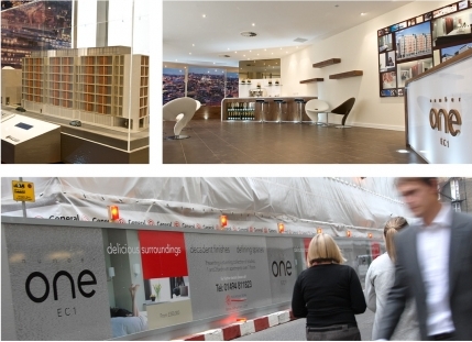 Marketing suite, hoardings and model - Nicholas King Homes, London EC1