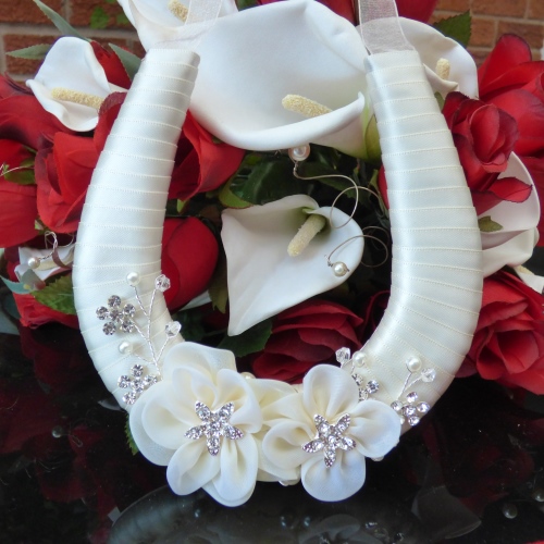 Handmade Ivory Ribbon Horseshoe, Organza Loop with Fabric and Diamante Flowers