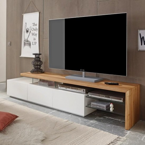 Alanis Modern TV Stand In Knotty Oak And Matt White With Storage
