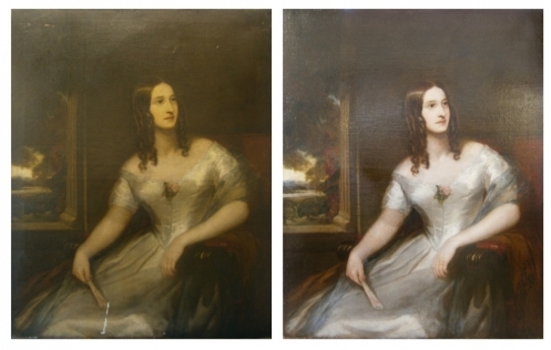 Oil painting c.1850) before and after cleaning and varnishing.