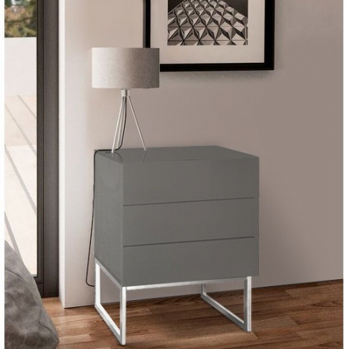 Strada Grey Gloss Bedside Cabinet With Glass Top And 3 Drawers