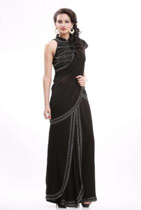 Black colour pre-draped sari