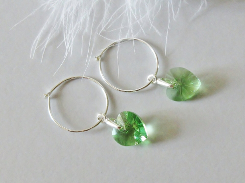 Sterling Silver Dainty Hoop Earrings With Green Crystal Hearts