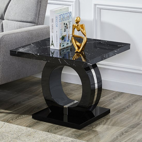 Halo Black High Gloss Lamp Table In Milano Marble Effect