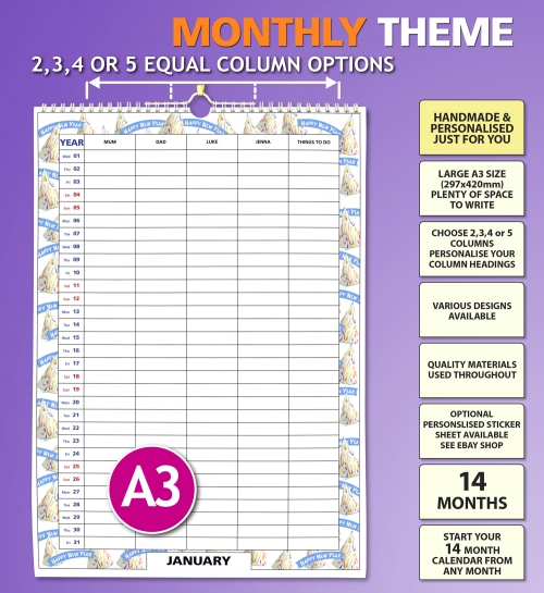 Large A3 Personalised Family Organiser Calendar in 2,3,4 or 5 columns