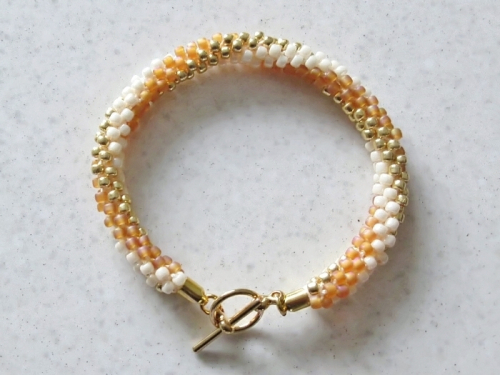Cream Gold Orange Spiral Kumihimo Seed Beads Bracelet