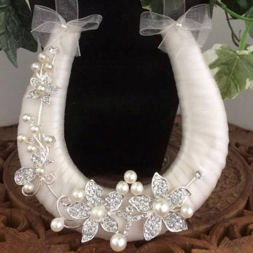 Handmade Ivory Ribbon Horseshoe, Organza Loop with Diamante Flowers and Pearls
