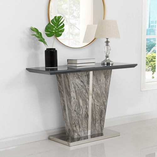 Melange Marble Effect Console Table In Gloss With Grey Glass Top