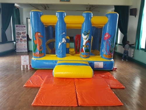 A great seaside activity themed castle with netting all the way around so you can watch your children play.  The inside of the castle has hoops and things to bash to keep children active alongside your good old fashion bouncing fun.