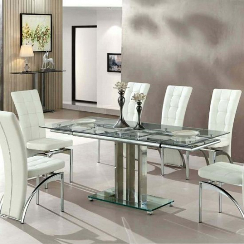 Rihanna Extending Glass Dining Table In Clear And Chrome Support