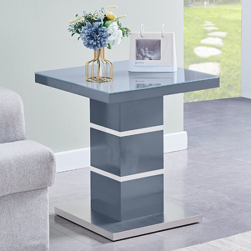Parini Square Glass Top High Gloss Lamp Table In Grey