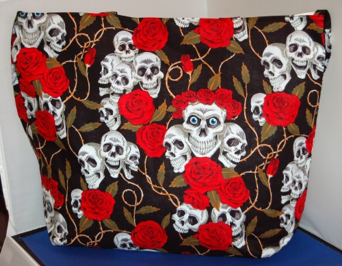 Women's Handcrafted Handmade tote bag Black Skull & Roses Shoulder bag
