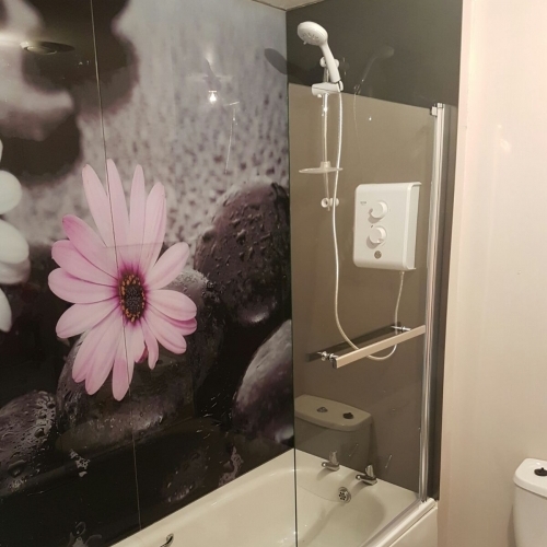 Glass Shower wall with digitally printed image by purple frog interiors Aldridge