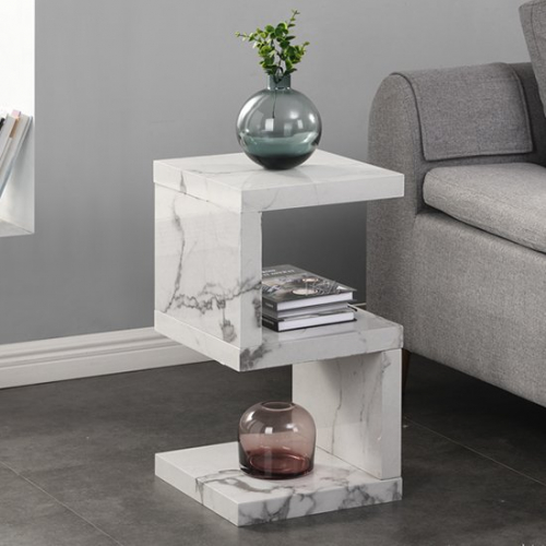 Miami S Shape White High Gloss Side Table In Diva Marble Effect