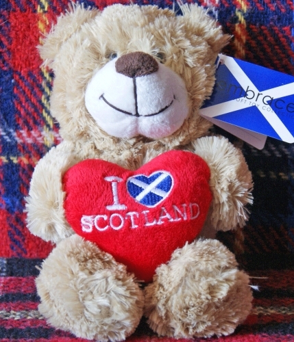 I LOVE SCOTLAND BEAR .  Scottish bear hugging a heart with I Love Scotland embroidered.  It is approx. 8 inches high.  It is surface washable and meets all EU regulations.
