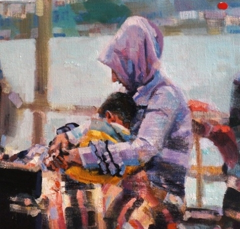 Tanya Vanessa Foster, British (20th Century) MOTHER AND CHILD ON THE BOSPHORUS, Original Oil on Linen, 30 x 30 cm, Signed, Price:  SOLD