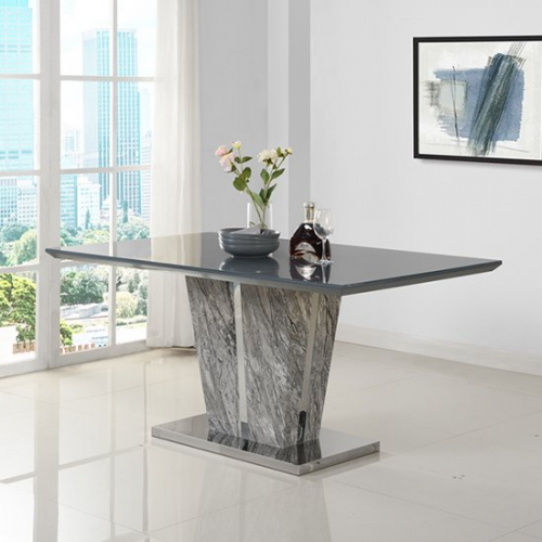 Melange Marble Effect Large Grey Glass Dining Table In Gloss